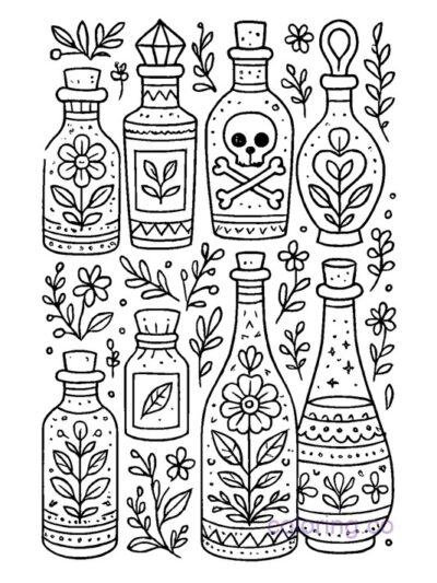 Apothecary Potion Bottles Folk Art Coloring Page