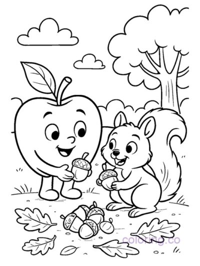 Cute Apple and Squirrel Coloring Page