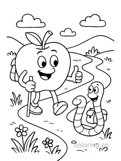 Apple and Worm Adventure Coloring Page
