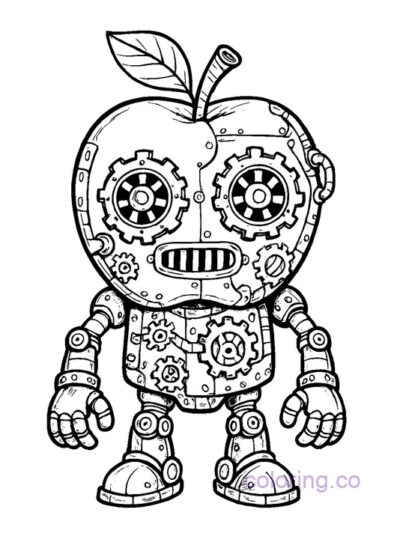 Steampunk Robot Apple Coloring Page