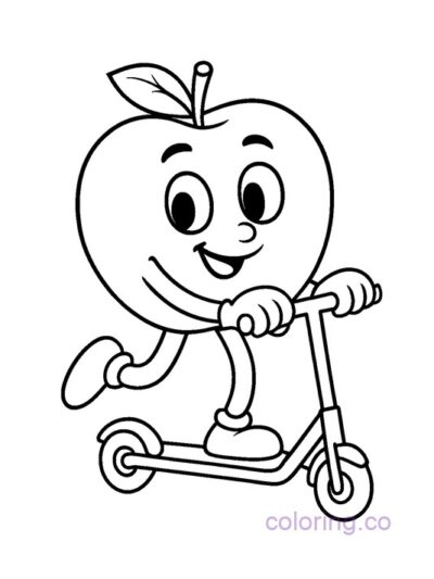 Fun Apple Character on Scooter Coloring Page