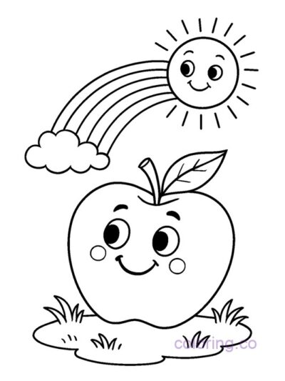 Smiling Apple and Sun Coloring Page