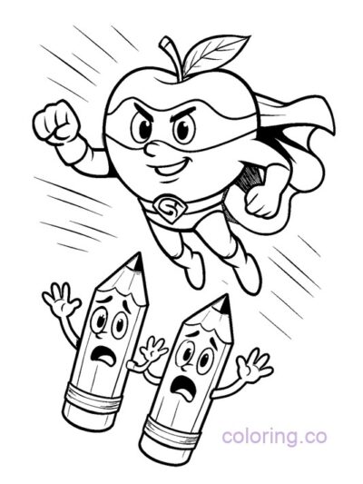 Apple Superhero and Pencils Coloring Page