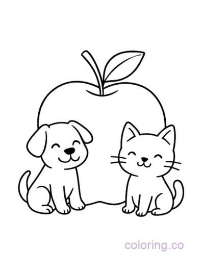 Cute Apple Coloring Page with Dog and Cat Friends