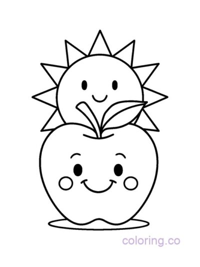 Cute Smiling Apple and Sun Coloring Page