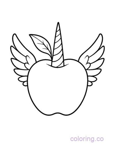 Magical Apple with Unicorn Horn and Wings Coloring Page