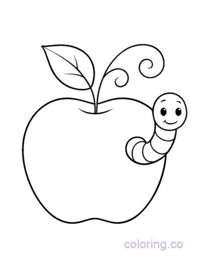 Cute Apple with Worm Coloring Page