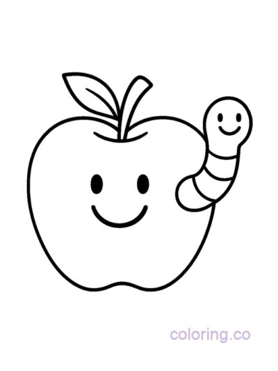 Smiley Apple and Worm Coloring Page