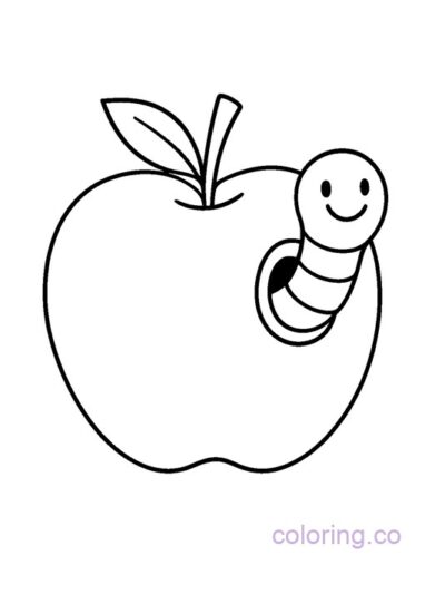 Cute Apple with Worm Coloring Page