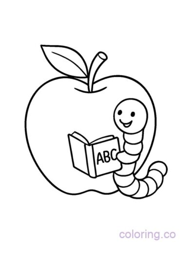 Cute Apple and Worm Reading ABC Book Coloring Page