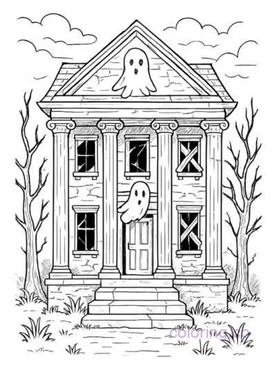 Haunted House with Ghosts Coloring Page