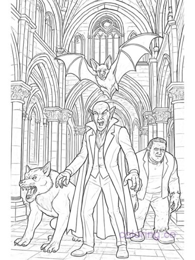 Gothic Castle with Monsters Coloring Page