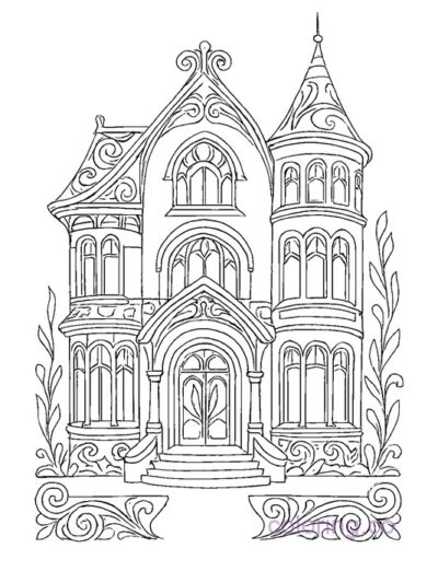 Intricate Art Nouveau Mansion Coloring Page