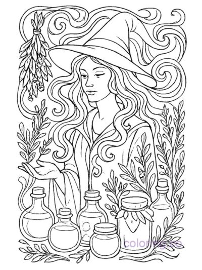 Intricate Art Nouveau Witch Coloring Page