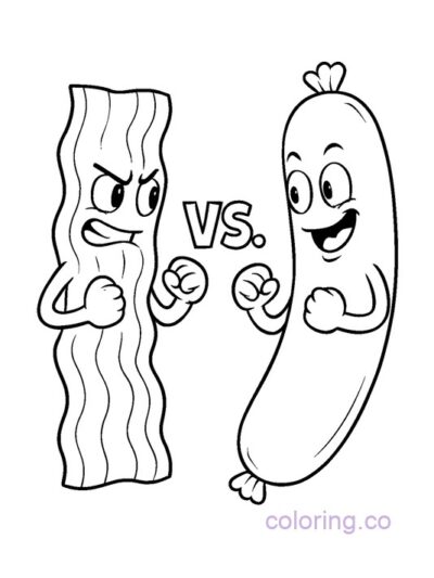Cute Bacon vs Sausage Coloring Page for Kids