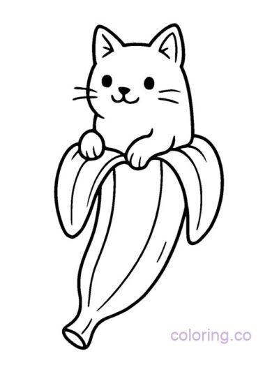 Adorable Banana Cat Cartoon Coloring Page