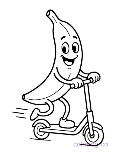Fun Banana on a Scooter Coloring Page