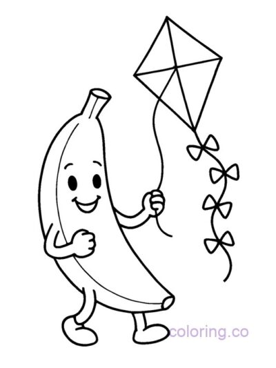 Fun Banana with Kite Coloring Page