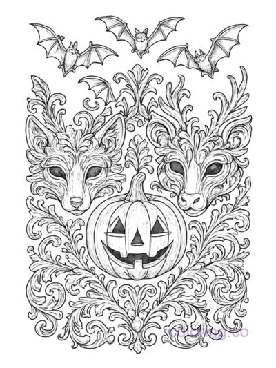 Intricate Baroque Animal Masks Halloween Coloring Page