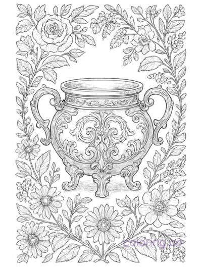 Intricate Baroque Cauldron with Botanical Frames Coloring Page