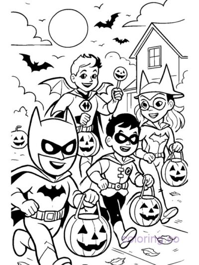 Halloween Bat Family Trick-or-Treat Coloring Page