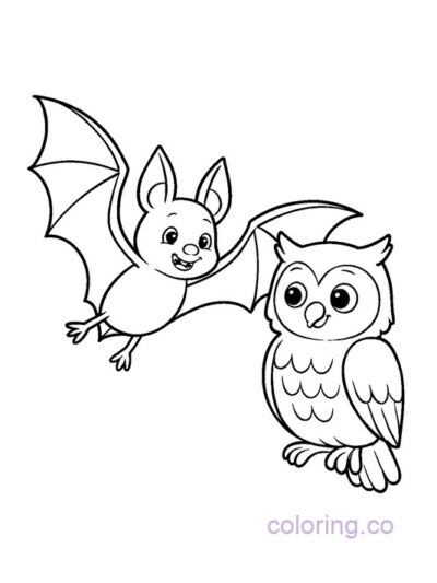 Cute Bat and Owl Coloring Page