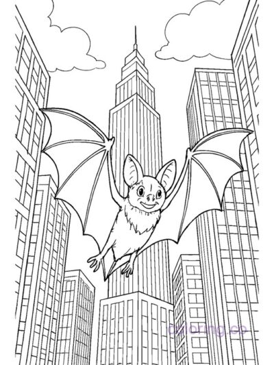 Bat Flying Through City Skyscrapers Coloring Page