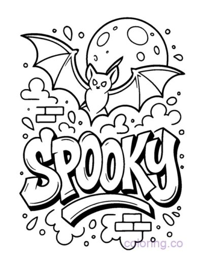 Spooky Teens Bat and Moon Coloring Page