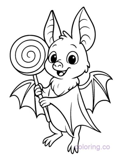 Cute Bat with Candy Coloring Page