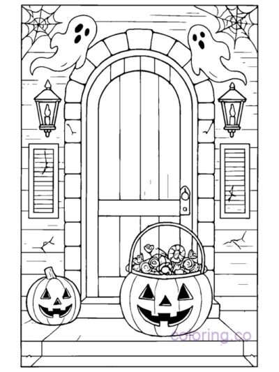 Halloween Front Door with Candy Bucket Coloring Page