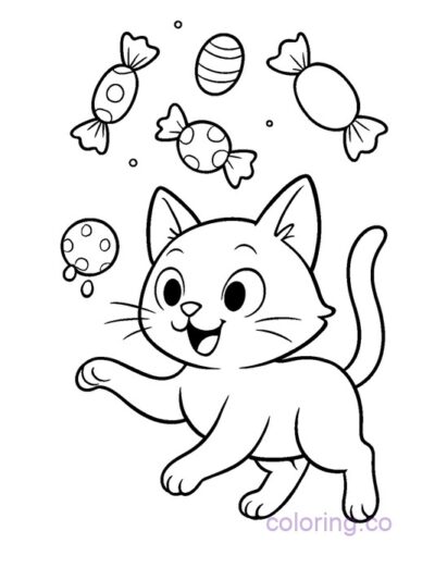 Playful Cat Chasing Candy Coloring Page