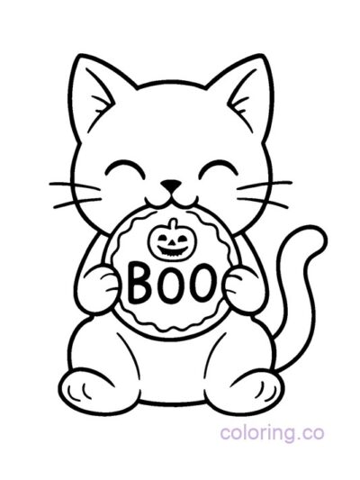 Cute Black Cat Eating Halloween Cookie Coloring Page