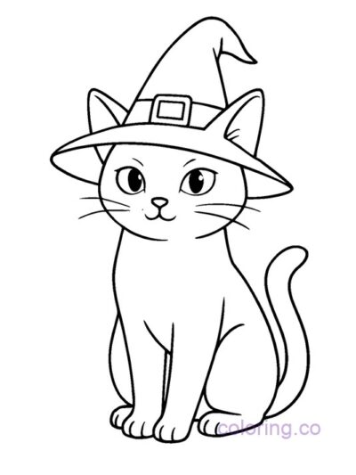 Cute Black Cat with Witch Hat Coloring Page