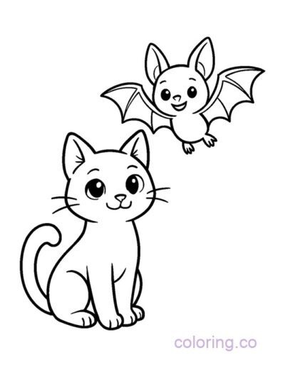 Cute Black Cat and Bat Coloring Page