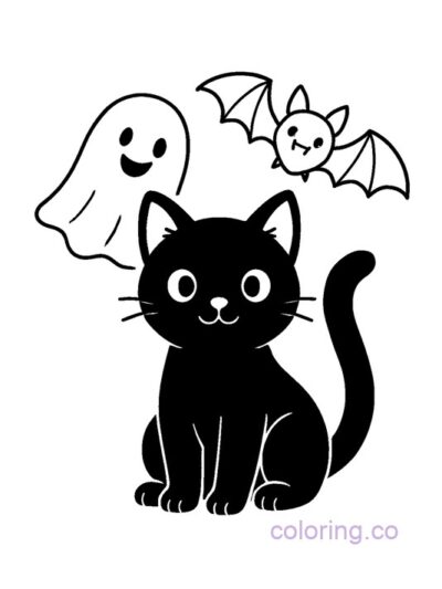 Cute Black Cat and Friends Coloring Page