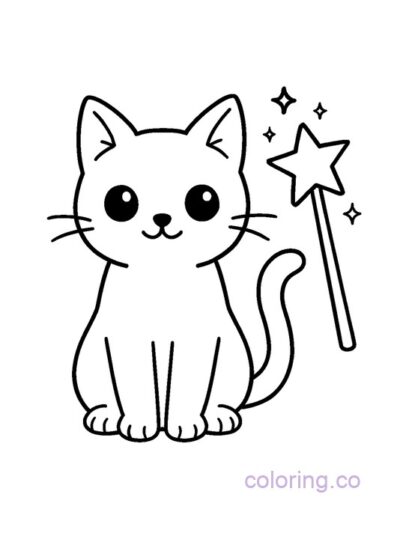 Cute Black Cat and Wand Coloring Page
