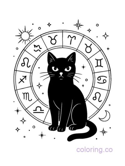 Zodiac Circle Black Cat Coloring Page