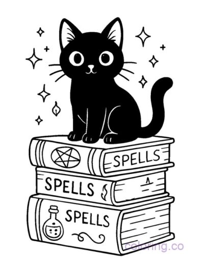 Black Cat on Spellbook Stack Coloring Page