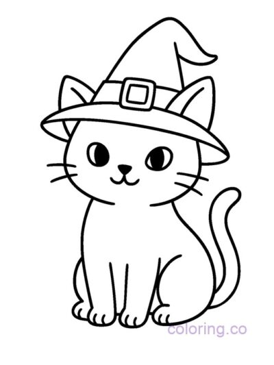 Cute Black Cat with Witch Hat Coloring Page