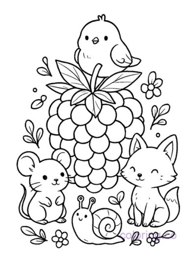Cute Animal Friends with Blackberry Coloring Page