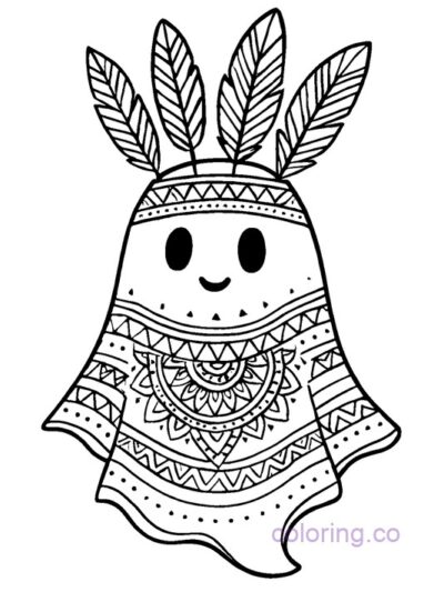 Boho Ghost Coloring Page with Feathers