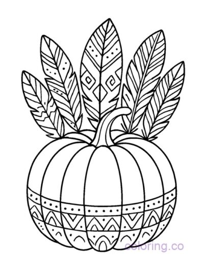 Boho Pumpkin with Feathers Coloring Page