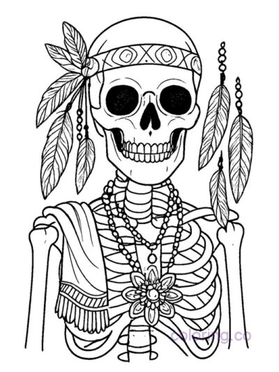 Boho Skeleton with Feathers Coloring Page