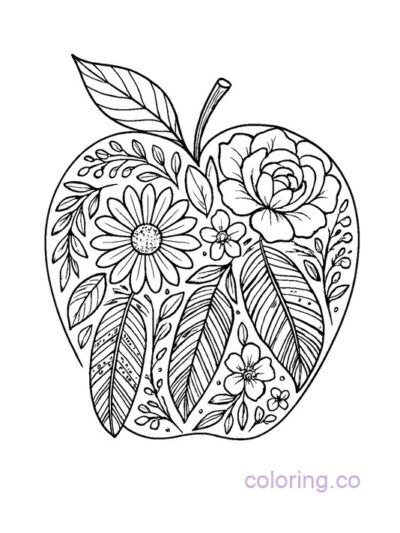 Boho Apple with Floral Feathers Coloring Page