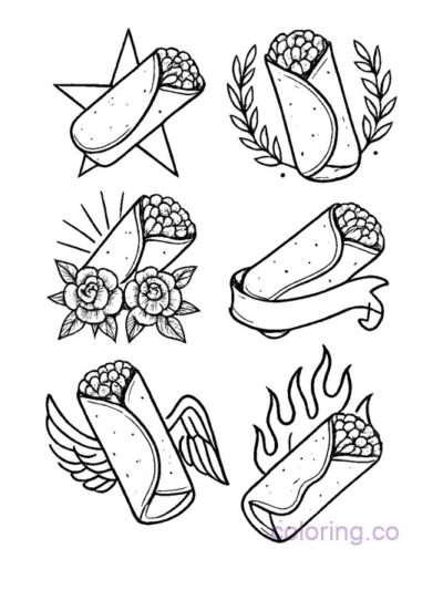 Burrito Tattoo Flash Coloring Page for Adults