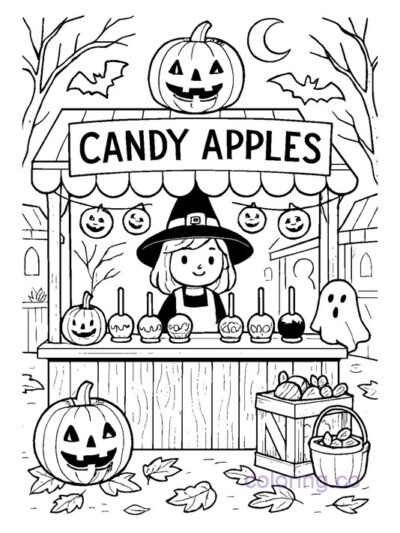 Halloween Candy Apple Stand Coloring Page