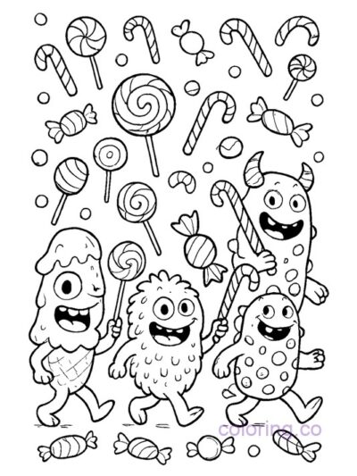 Fun Candy Monsters Coloring Page