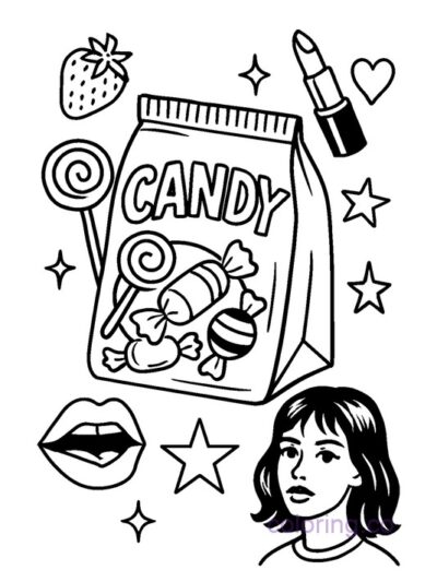 Candy Bag Coloring Page with Vintage Tattoo Motifs