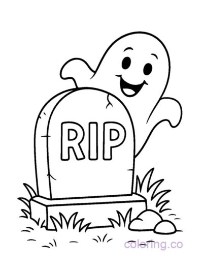 Cute Cartoon Ghost and Gravestone Coloring Page