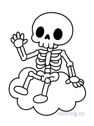 Cute Cartoon Skeleton on Cloud Coloring Page